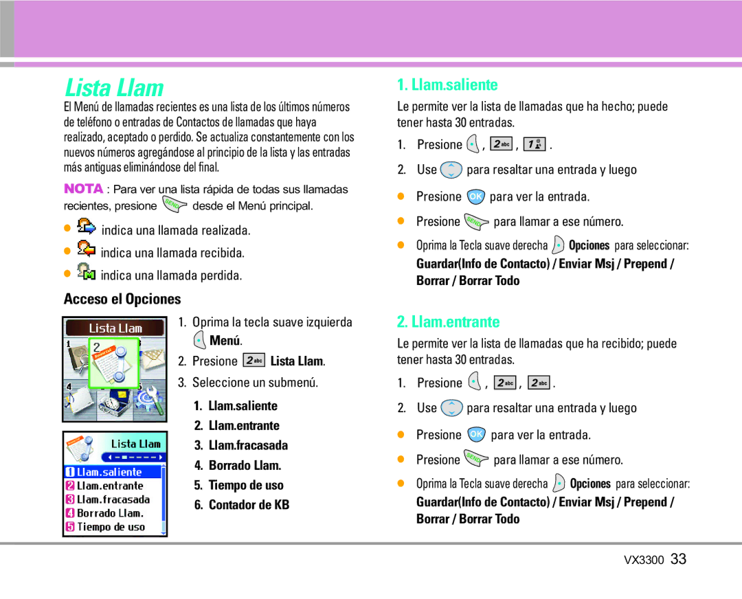 LG Electronics VX3300 manual Llam.saliente, Llam.entrante, Menú Presione Lista Llam 