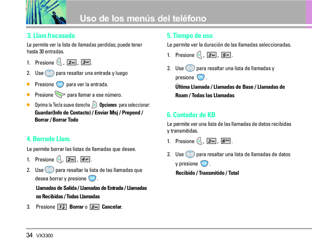 LG Electronics VX3300 manual Llam.fracasada, Borrado Llam, Tiempo de uso, Contador de KB 