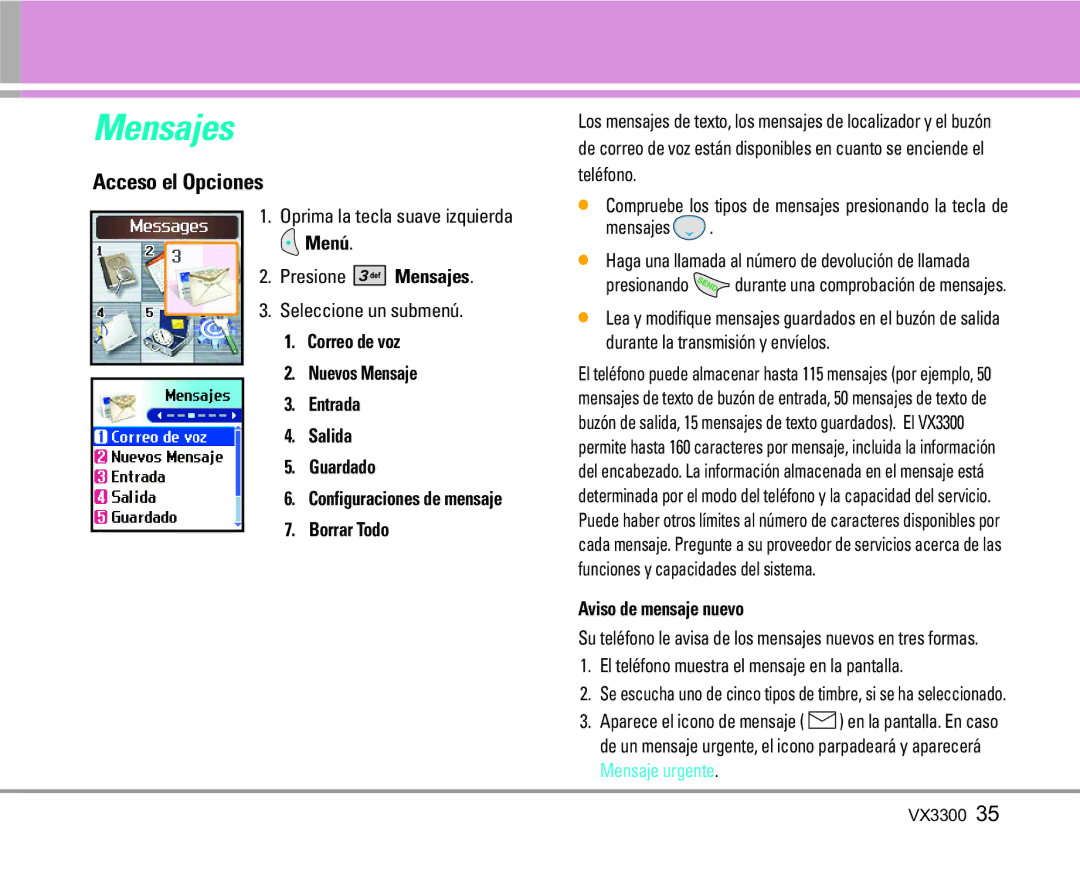 LG Electronics VX3300 Mensajes, Correo de voz Nuevos Mensaje Entrada Salida Guardado, Borrar Todo, Aviso de mensaje nuevo 