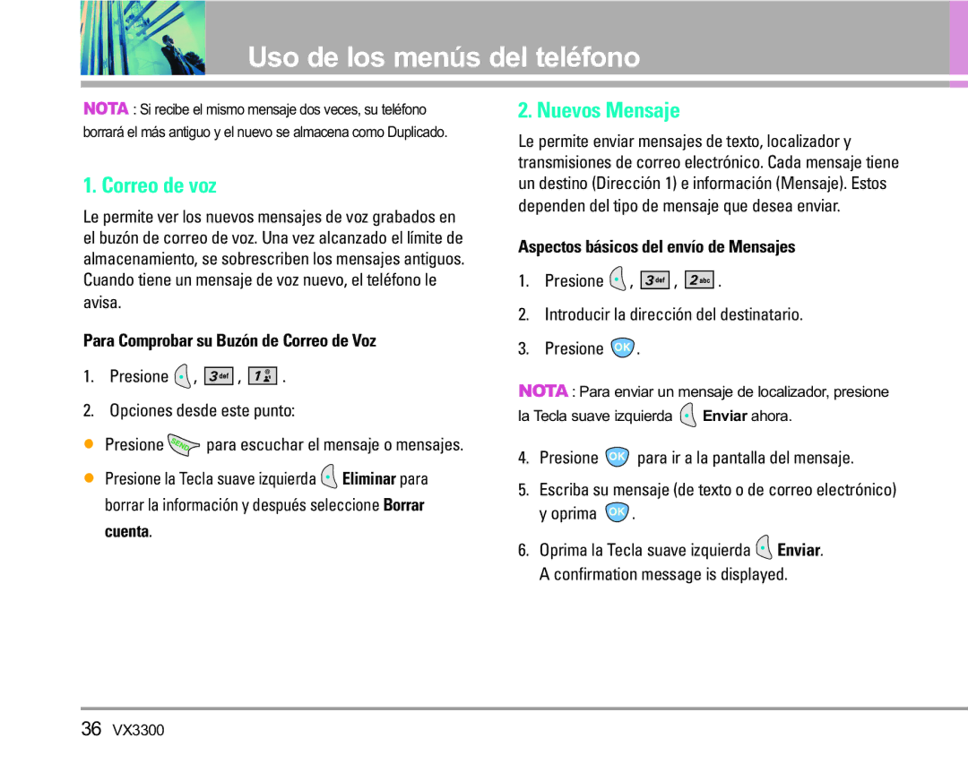 LG Electronics VX3300 manual Correo de voz, Nuevos Mensaje, Para Comprobar su Buzón de Correo de Voz 