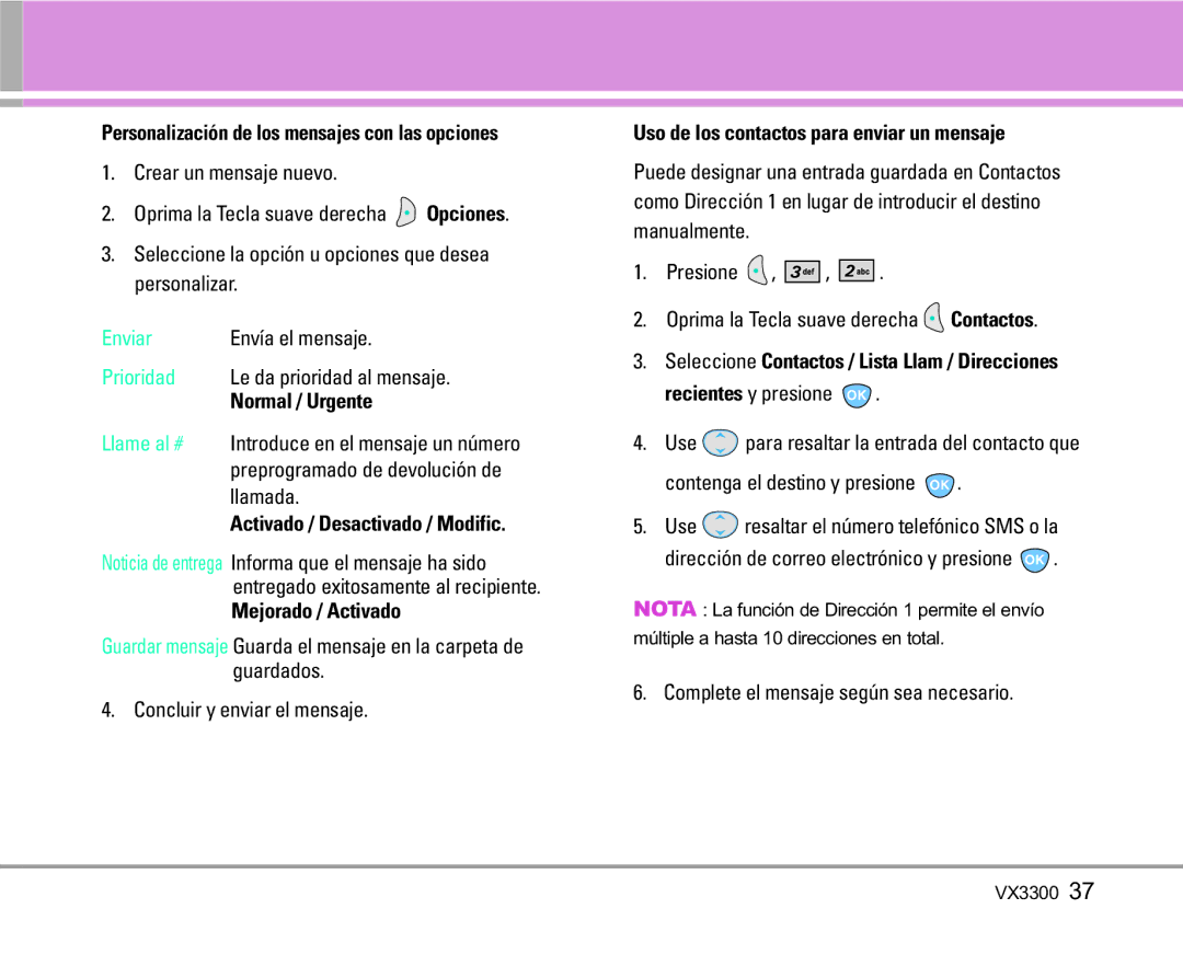 LG Electronics VX3300 manual Normal / Urgente, Mejorado / Activado, Uso de los contactos para enviar un mensaje 