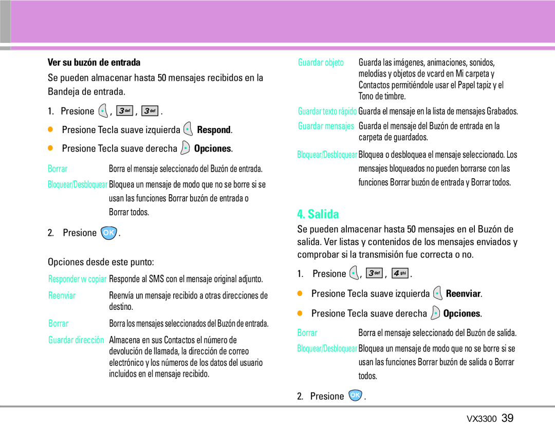 LG Electronics VX3300 manual Salida, Ver su buzón de entrada, Borrar, Reenviar, Destino 