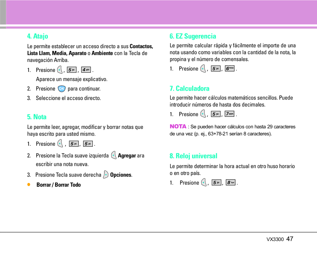 LG Electronics VX3300 manual Atajo, Nota, EZ Sugerencia, Calculadora, Reloj universal 