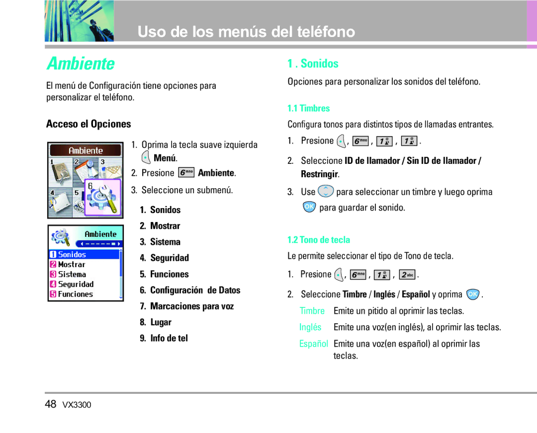 LG Electronics VX3300 manual Ambiente, Timbres, Seleccione ID de llamador / Sin ID de llamador / Restringir, Tono de tecla 