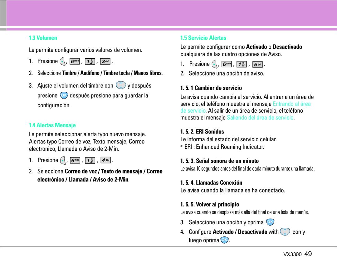 LG Electronics VX3300 manual Volumen, Alertas Mensaje, Servicio Alertas 