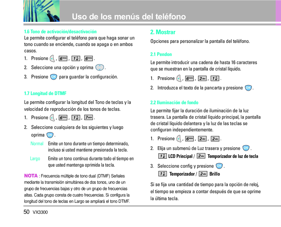 LG Electronics VX3300 manual Mostrar, Tono de activación/desactivación, Longitud de Dtmf, Pendon, Iluminación de fondo 