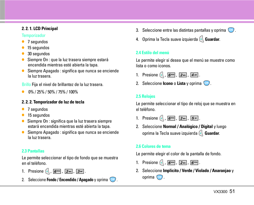 LG Electronics VX3300 manual Pantallas, Estilo del menú, Relojes, Colores de tema 