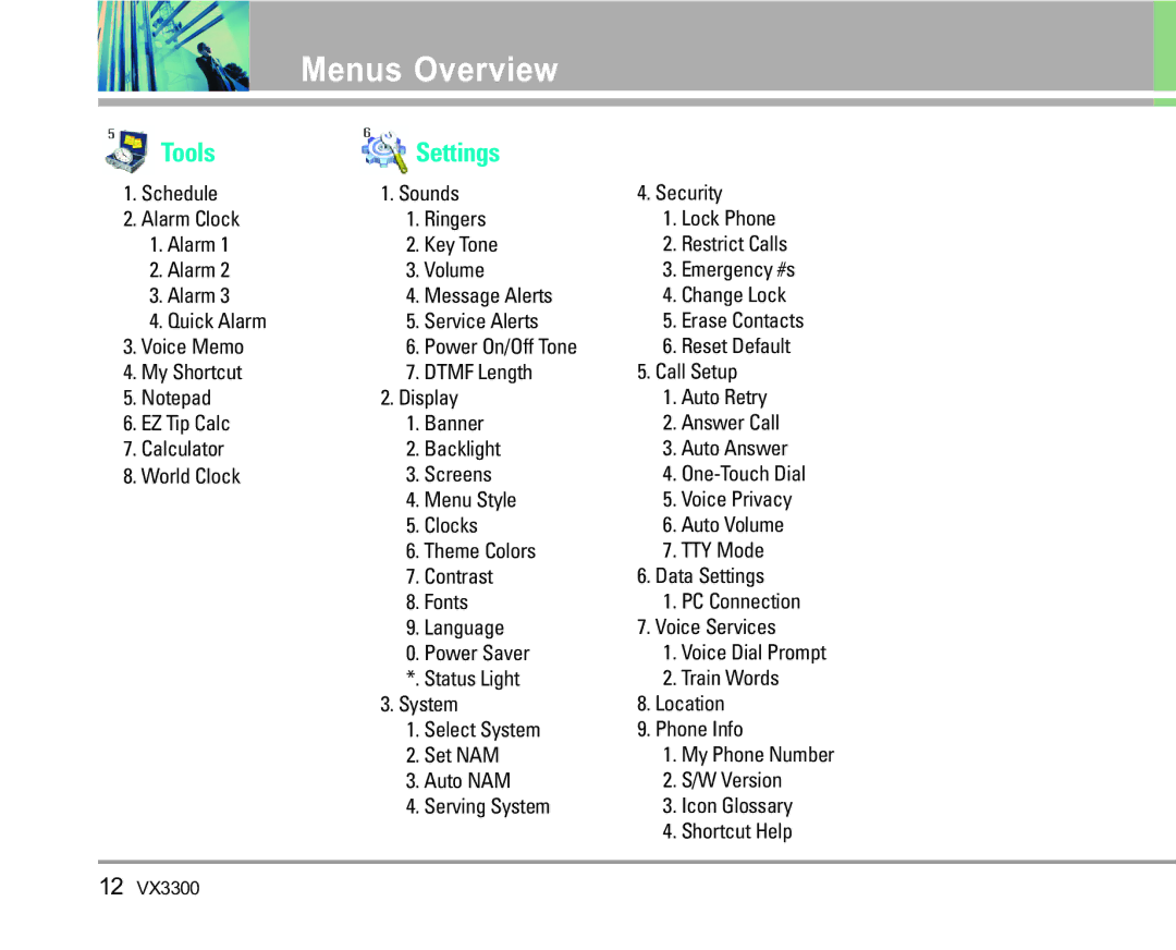 LG Electronics VX3300 manual Tools Settings 