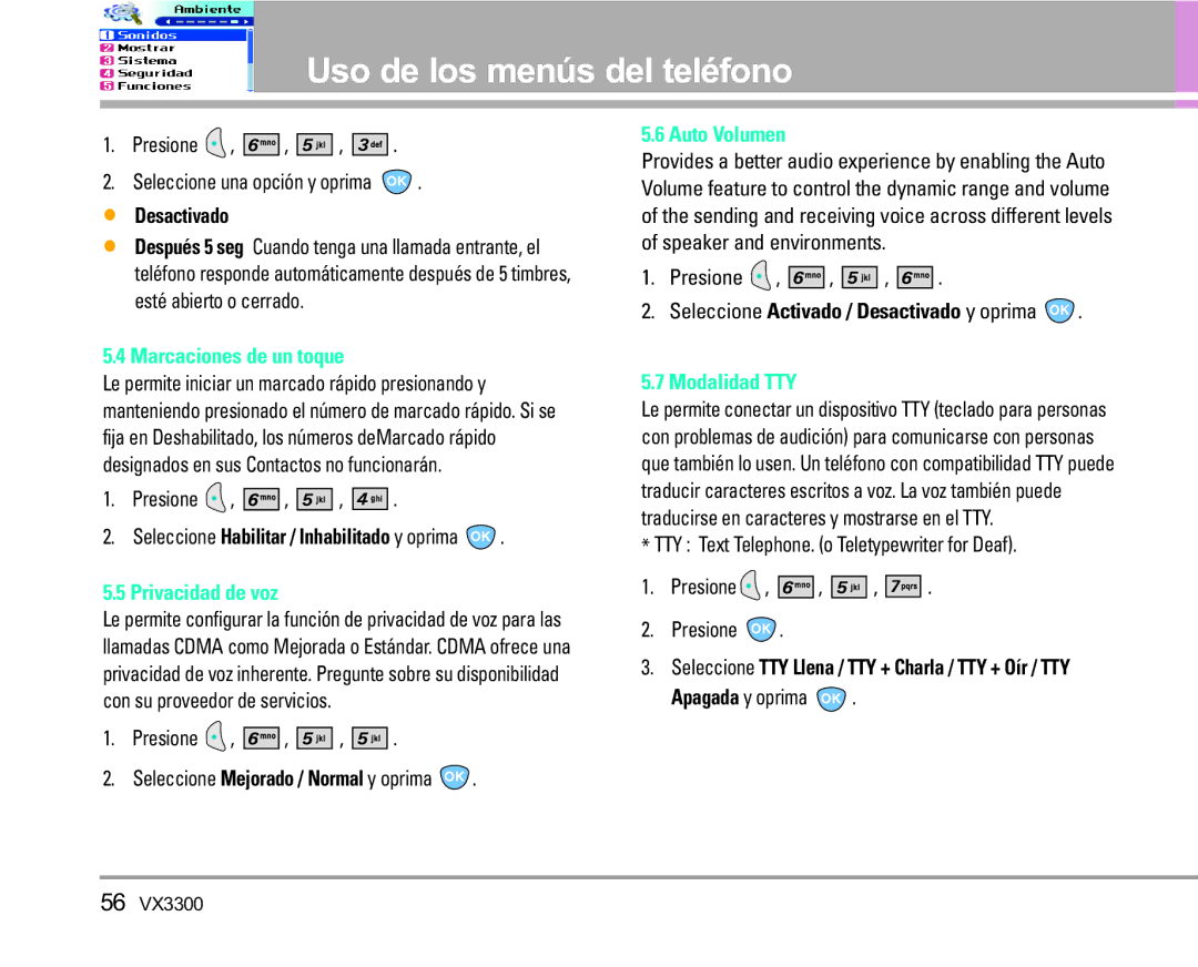 LG Electronics VX3300 manual Marcaciones de un toque, Privacidad de voz, Auto Volumen, Modalidad TTY 