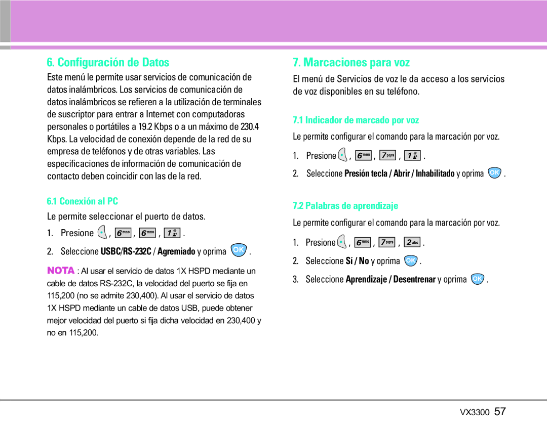 LG Electronics VX3300 manual Configuración de Datos, Marcaciones para voz, Conexión al PC, Indicador de marcado por voz 