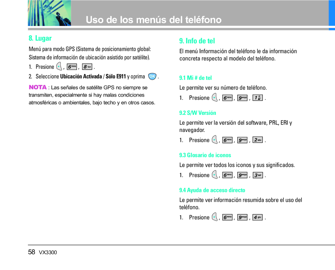 LG Electronics VX3300 manual Lugar, Info de tel 