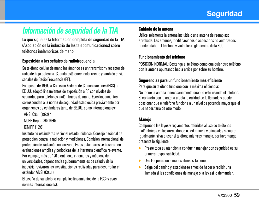 LG Electronics VX3300 manual Seguridad, Exposición a las señales de radiofrecuencia, Cuidado de la antena, Manejo 