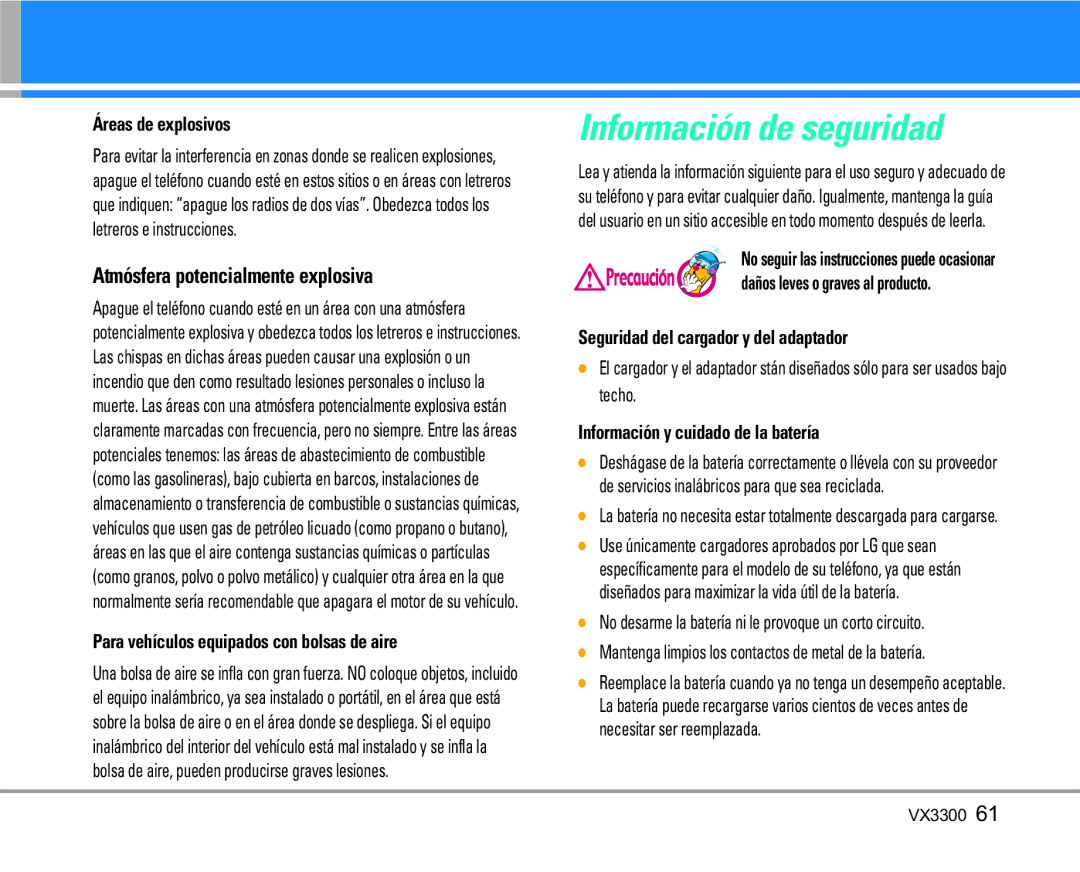 LG Electronics VX3300 manual Información de seguridad, Atmósfera potencialmente explosiva 