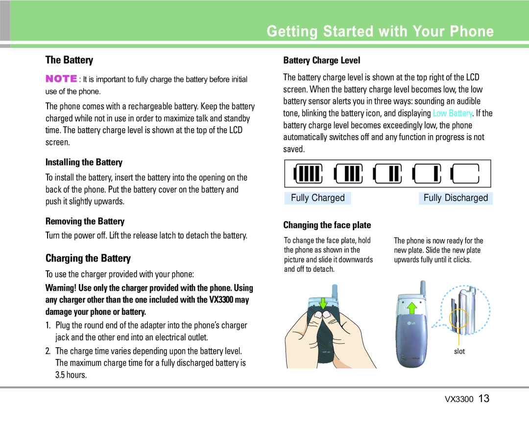 LG Electronics VX3300 manual Getting Started with Your Phone, Charging the Battery, Removing the Battery 