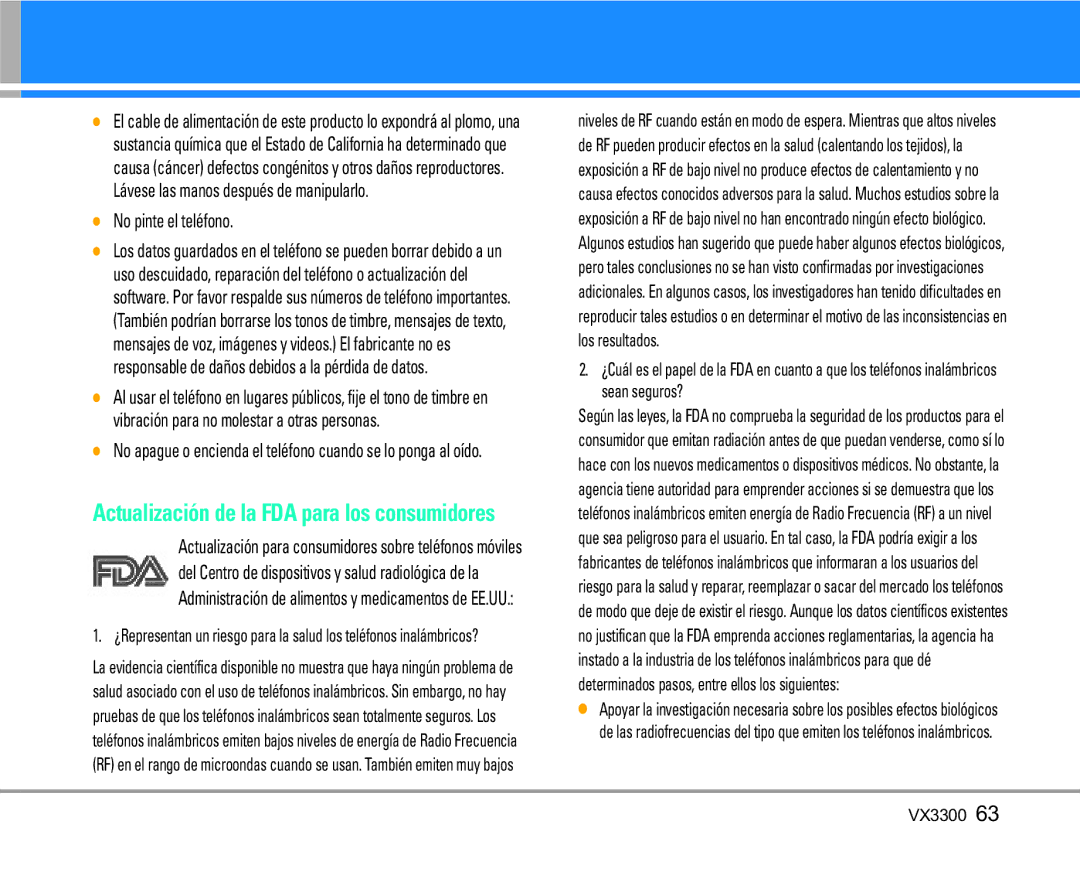 LG Electronics VX3300 manual Actualización de la FDA para los consumidores, No pinte el teléfono 