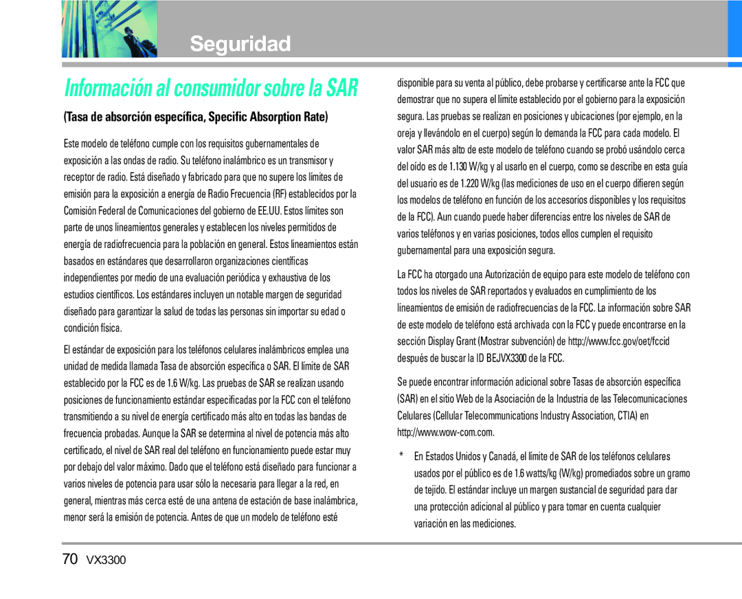 LG Electronics VX3300 manual Información al consumidor sobre la SAR 