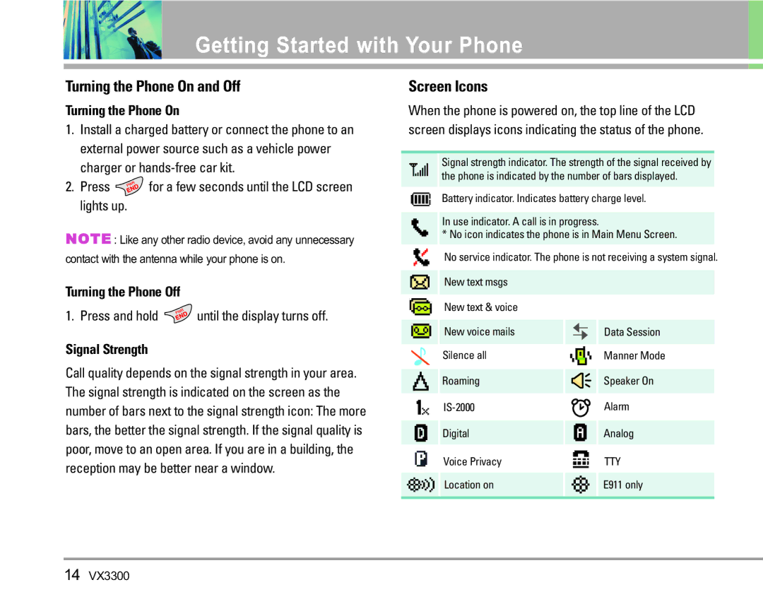 LG Electronics VX3300 manual Turning the Phone On and Off, Screen Icons, Turning the Phone Off, Signal Strength 