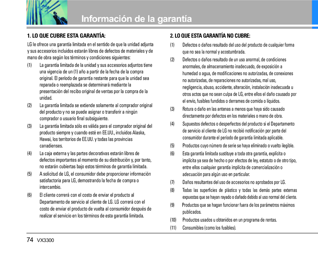 LG Electronics VX3300 manual Información de la garantía, LO QUE Cubre Esta Garantía 