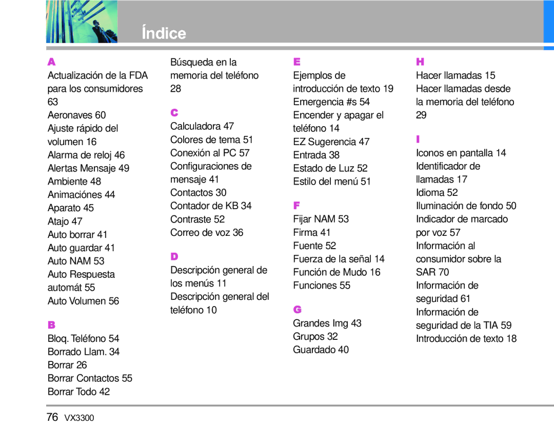 LG Electronics VX3300 manual Índice 