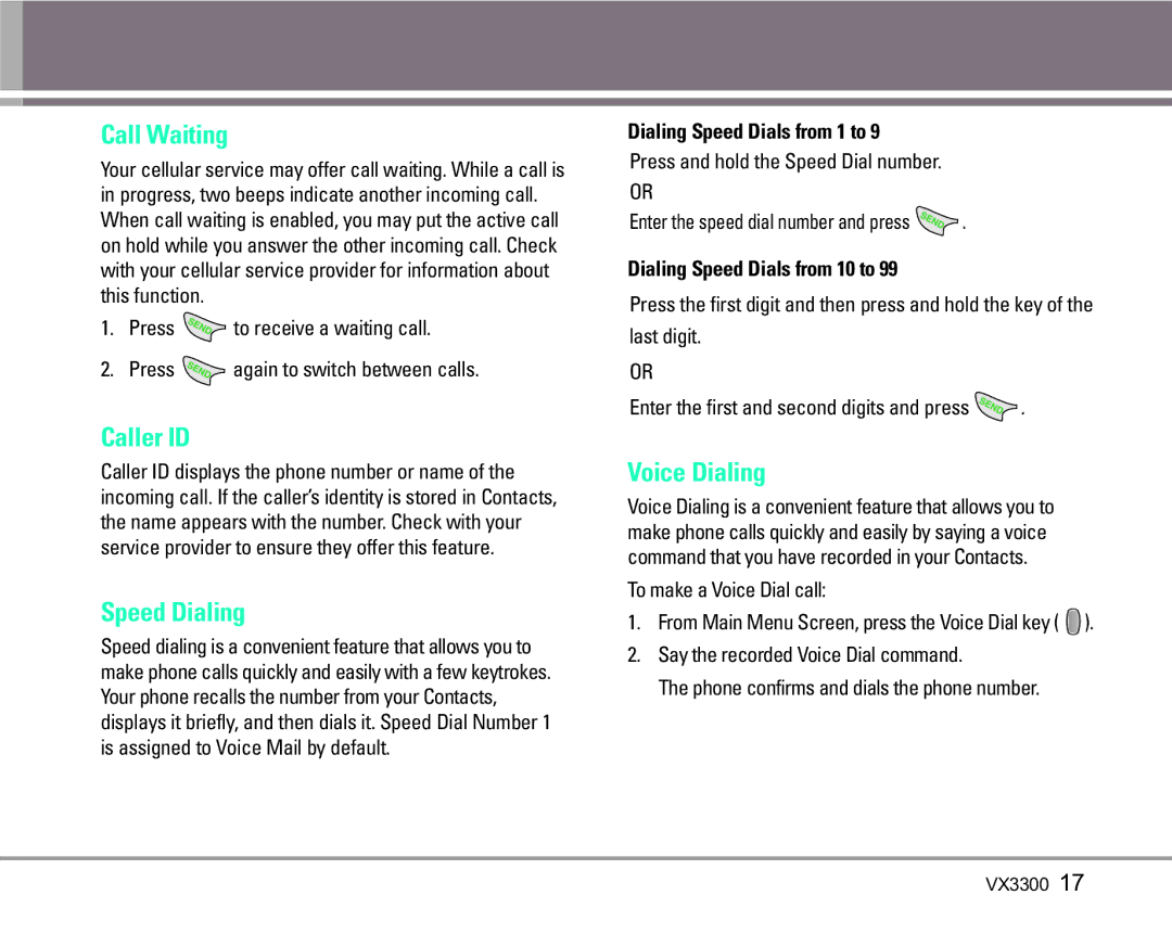 LG Electronics VX3300 manual Call Waiting, Caller ID, Speed Dialing, Voice Dialing 