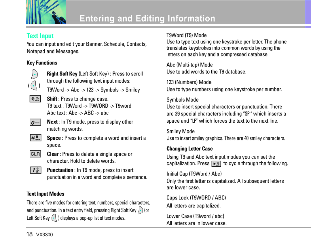 LG Electronics VX3300 manual Entering and Editing Information, Key Functions, Changing Letter Case, Text Input Modes 