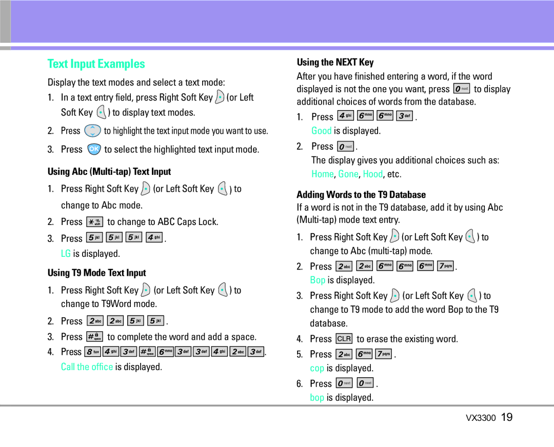 LG Electronics VX3300 Text Input Examples, Using Abc Multi-tap Text Input, Using T9 Mode Text Input, Using the Next Key 