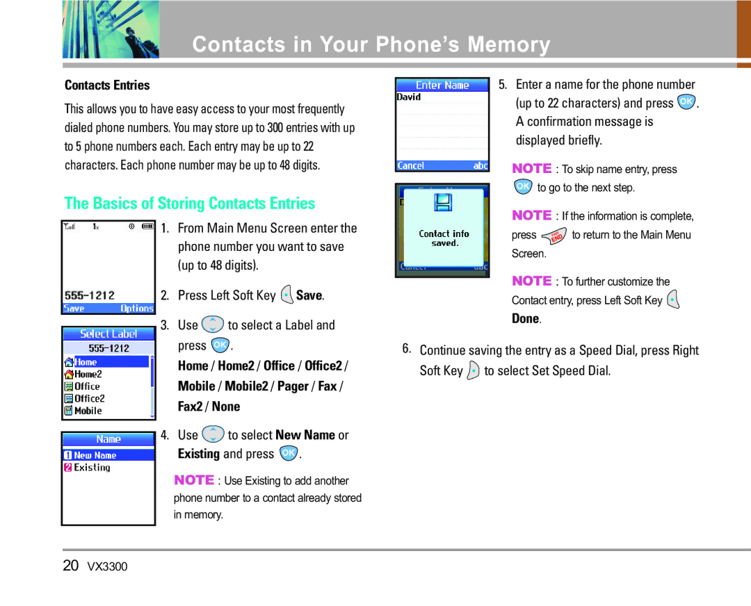 LG Electronics VX3300 manual Contacts in Your Phone’s Memory, Basics of Storing Contacts Entries, Done 