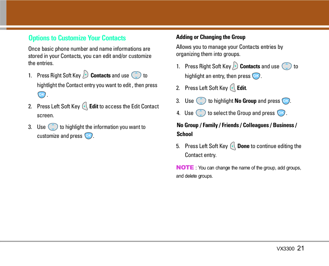 LG Electronics VX3300 manual Options to Customize Your Contacts, Adding or Changing the Group, School 