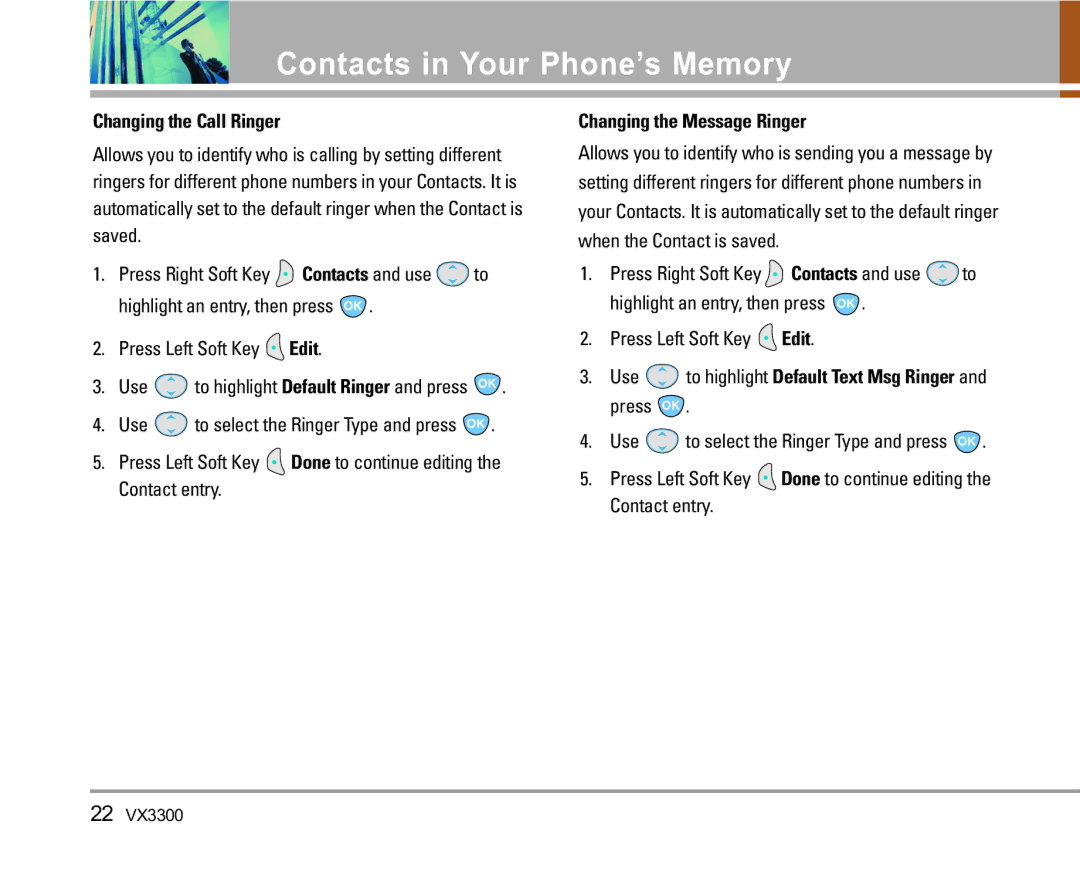 LG Electronics VX3300 Changing the Call Ringer, Changing the Message Ringer, Use to highlight Default Text Msg Ringer 