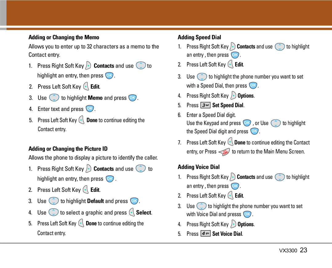 LG Electronics VX3300 Adding or Changing the Memo, Adding or Changing the Picture ID, Adding Speed Dial, Adding Voice Dial 
