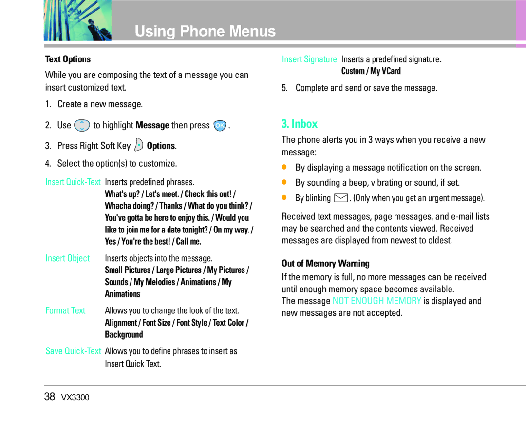 LG Electronics VX3300 manual Inbox, Insert Object, Format Text 