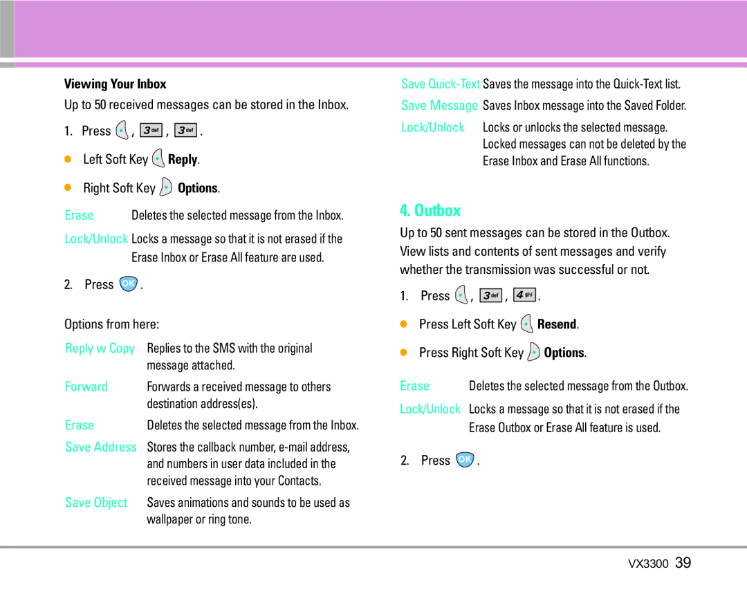 LG Electronics VX3300 manual Outbox, Viewing Your Inbox 