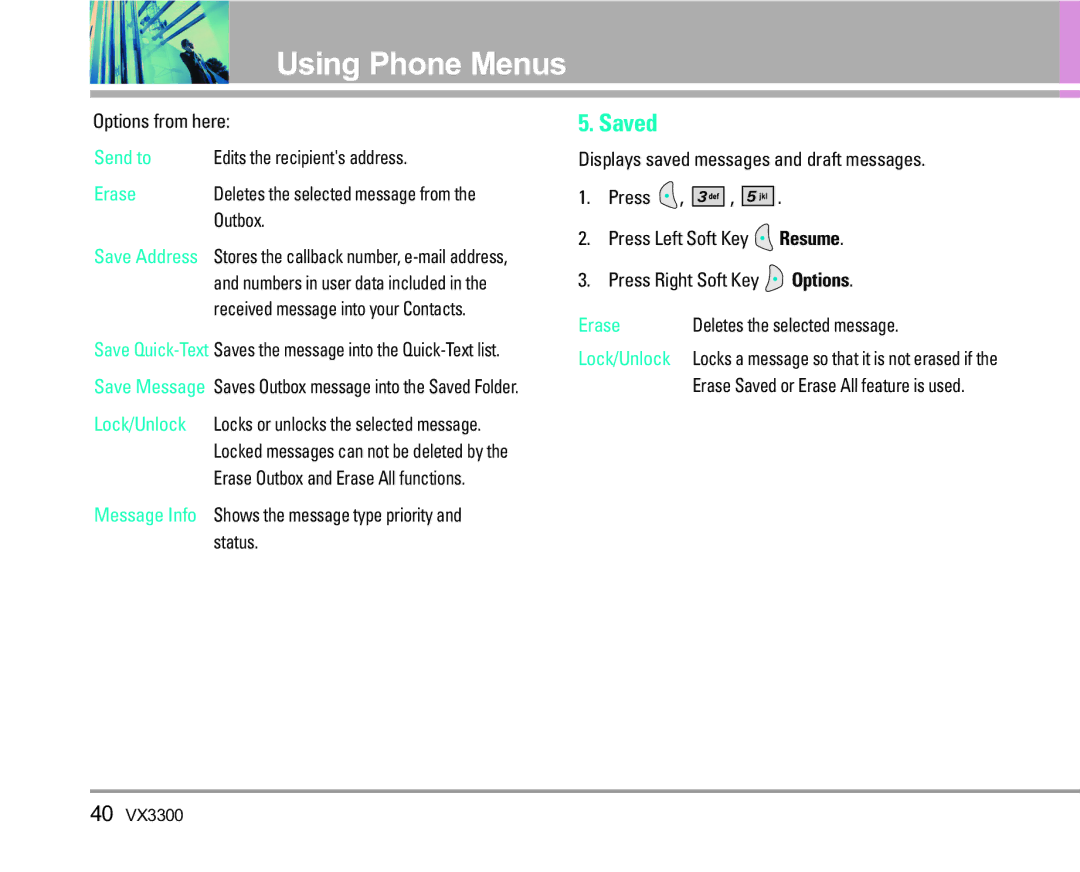 LG Electronics VX3300 manual Saved, Send to, Message Info 