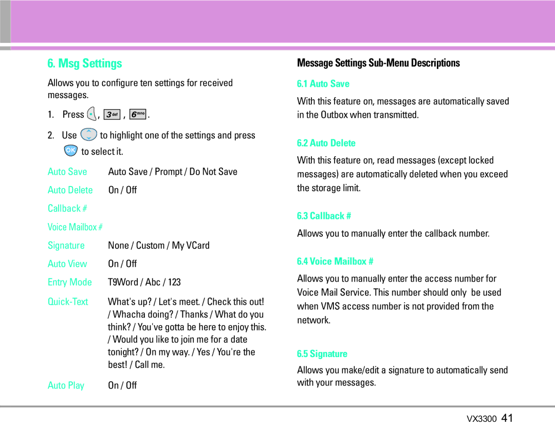LG Electronics VX3300 manual Msg Settings, Message Settings Sub-Menu Descriptions 