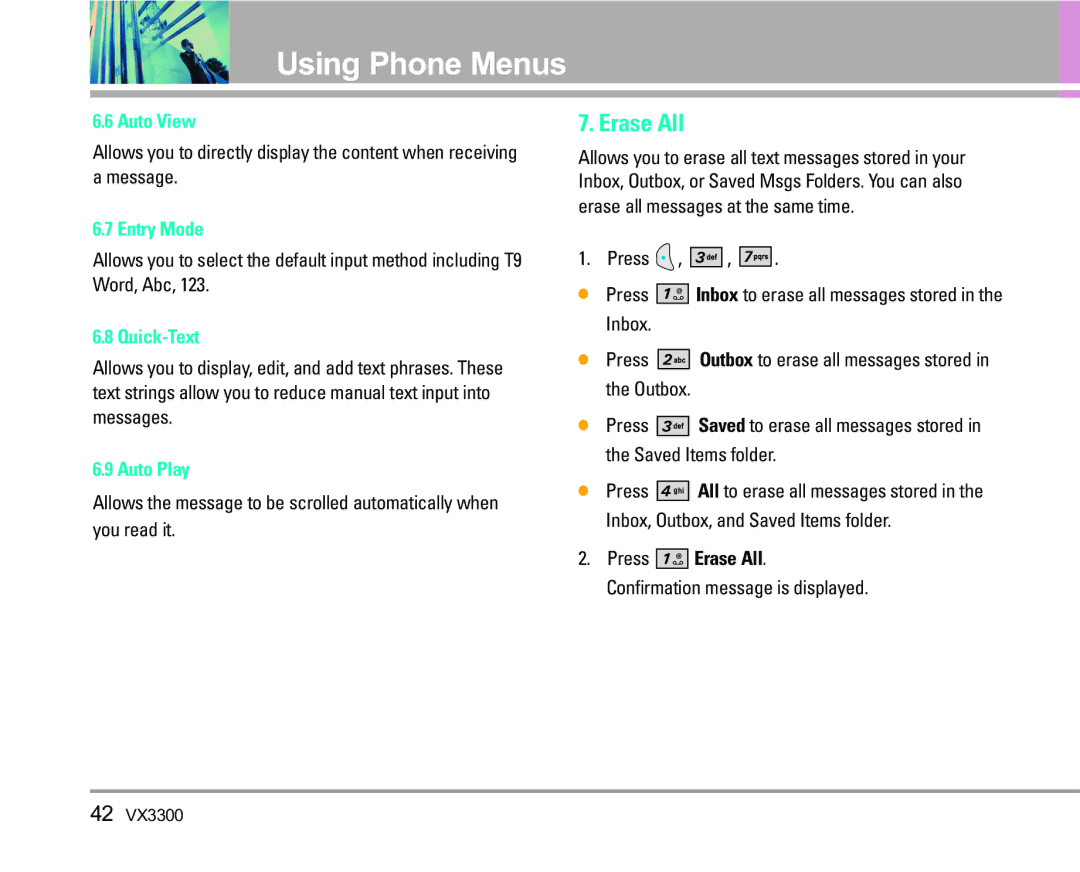 LG Electronics VX3300 manual Erase All, Auto View, Entry Mode, Quick-Text, Auto Play 