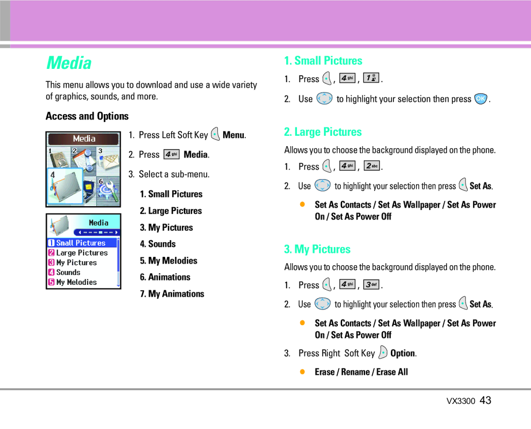 LG Electronics VX3300 manual Media, Small Pictures, Large Pictures, My Pictures, Erase / Rename / Erase All 