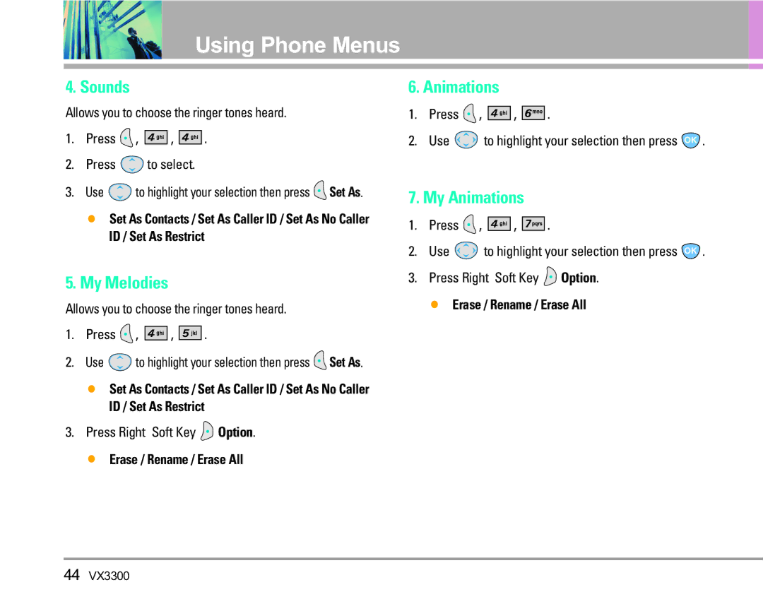 LG Electronics VX3300 manual Sounds, My Melodies, My Animations 