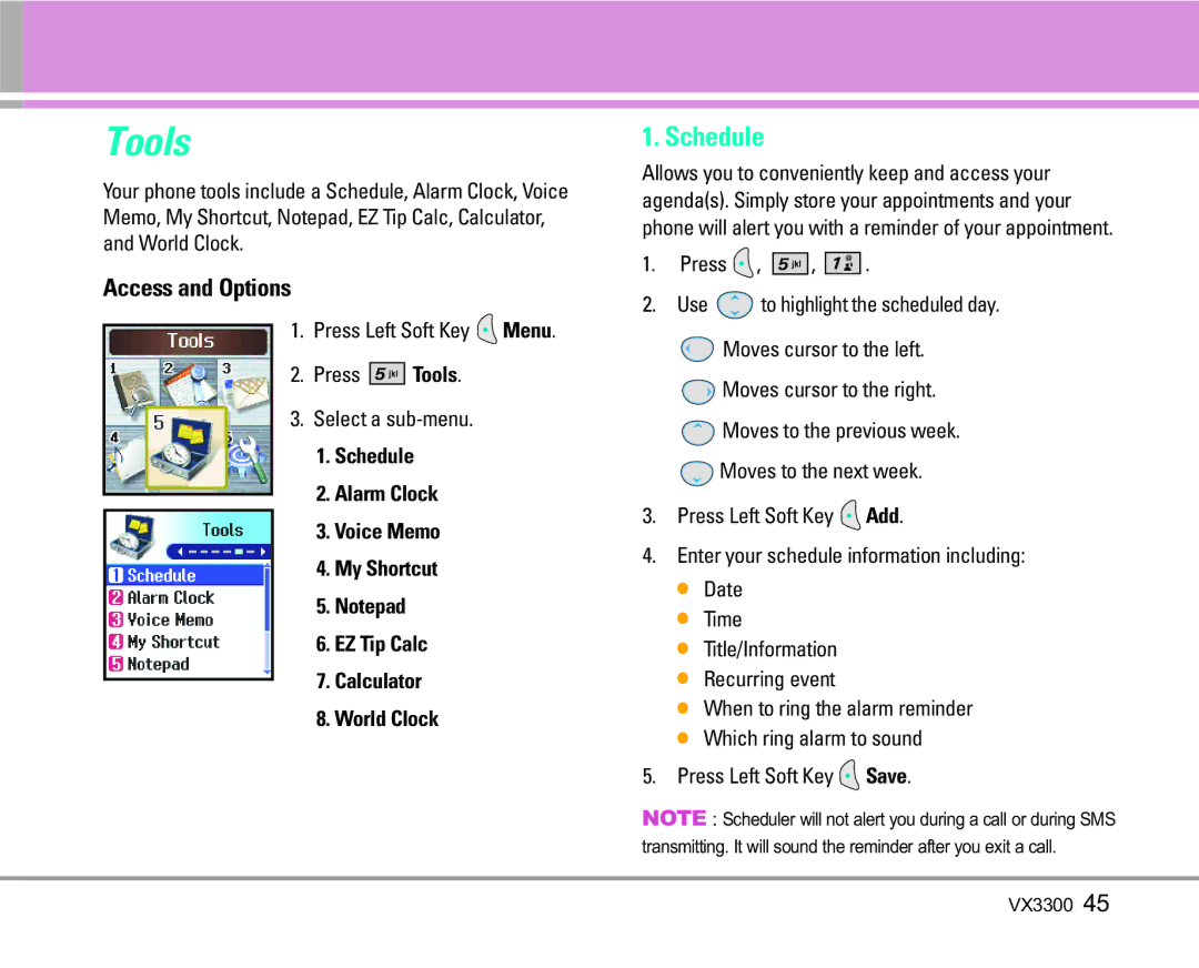 LG Electronics VX3300 manual Schedule, Press Left Soft Key Menu Press Tools Select a sub-menu 