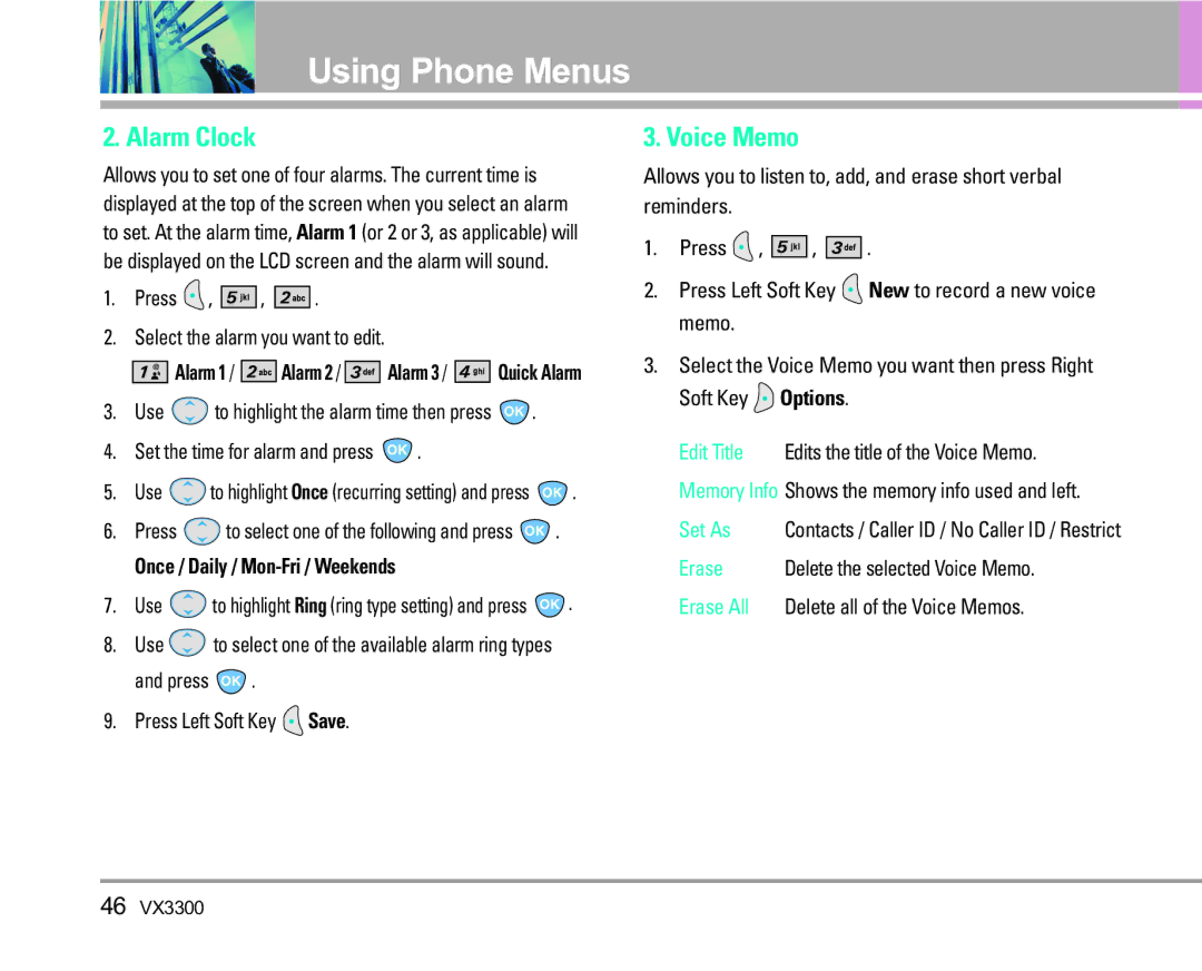 LG Electronics VX3300 manual Alarm Clock, Voice Memo, Once / Daily / Mon-Fri / Weekends, Set As 