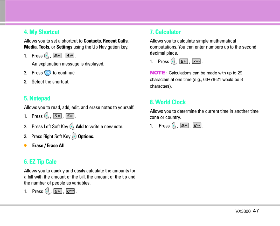 LG Electronics VX3300 manual My Shortcut, EZ Tip Calc, Calculator, World Clock, Erase / Erase All 