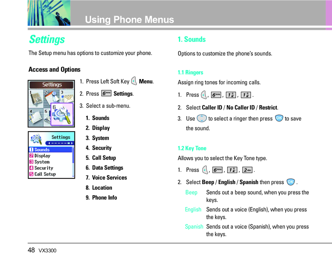 LG Electronics VX3300 manual Settings, MenusUsing Phone Me, Ringers, Key Tone 