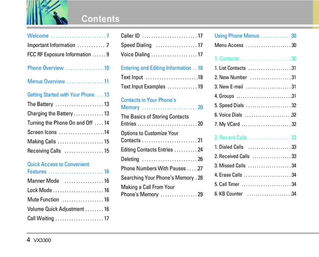 LG Electronics VX3300 manual Contents 