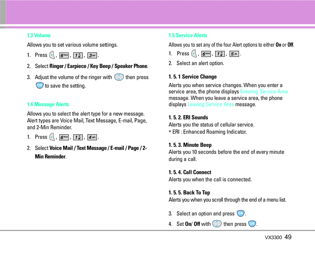 LG Electronics VX3300 manual Volume, Message Alerts, Service Alerts 