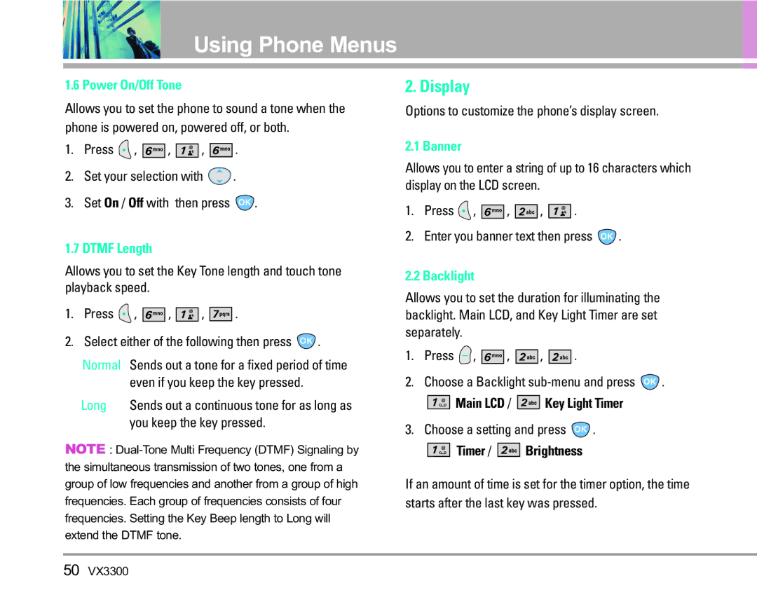 LG Electronics VX3300 manual Display, Power On/Off Tone, Dtmf Length, Banner, Backlight 