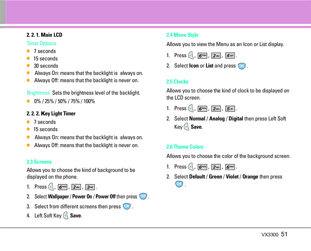 LG Electronics VX3300 manual Screens, Menu Style, Clocks, Theme Colors 