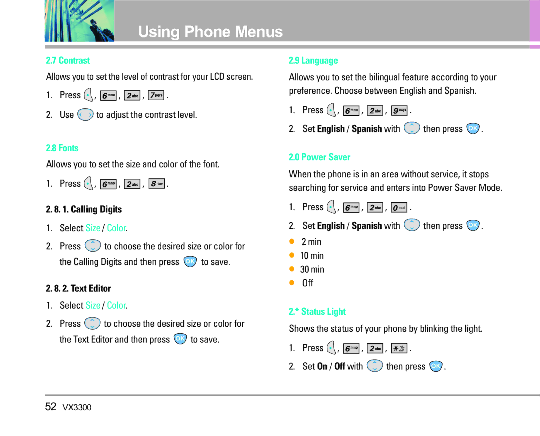 LG Electronics VX3300 manual Contrast, Fonts, Language, Power Saver, Status Light 