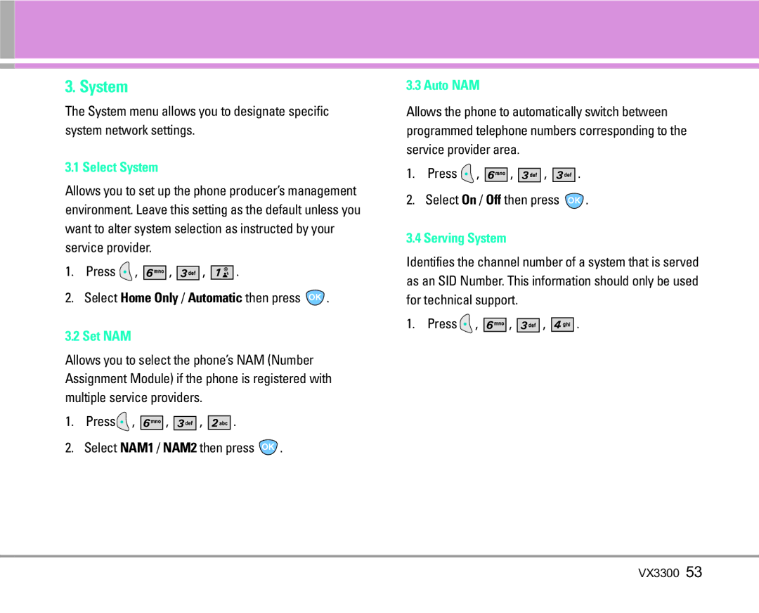 LG Electronics VX3300 manual Select System, Set NAM, Auto NAM, Serving System 