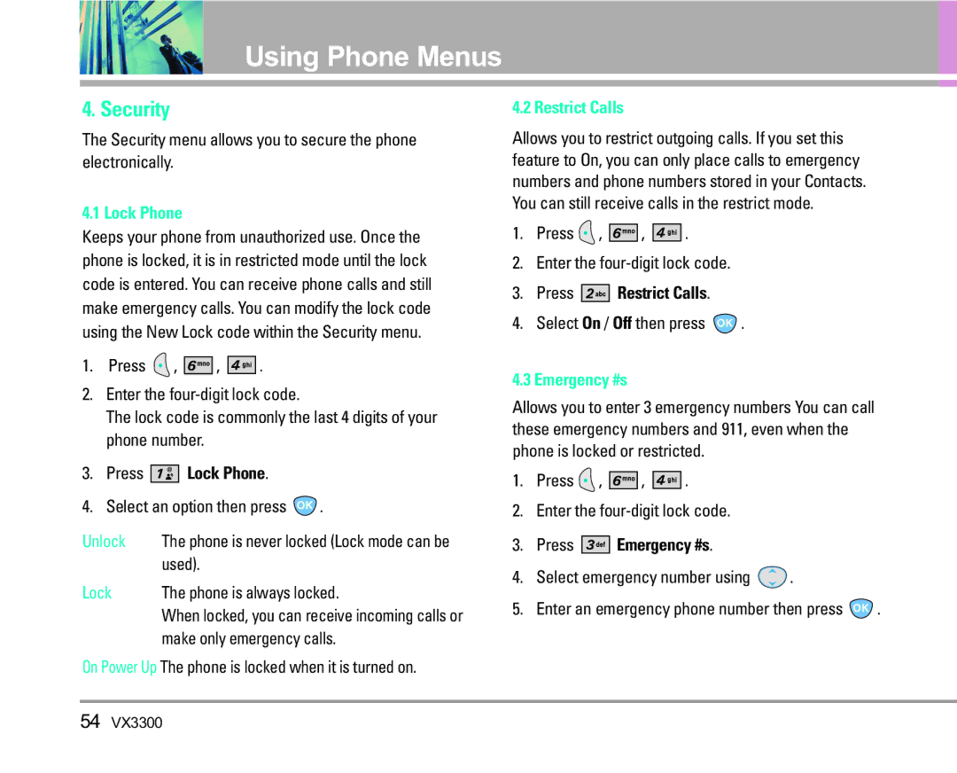 LG Electronics VX3300 manual Security, Lock Phone, Restrict Calls, Emergency #s 