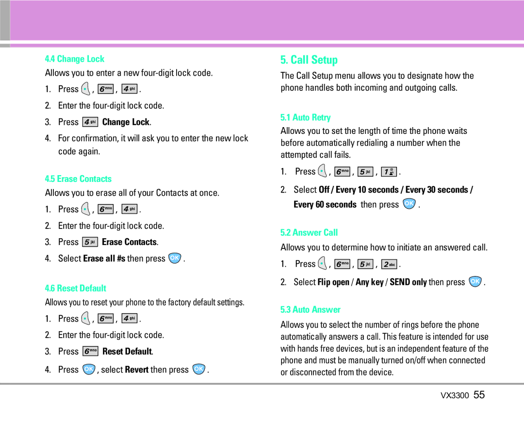 LG Electronics VX3300 manual Call Setup 