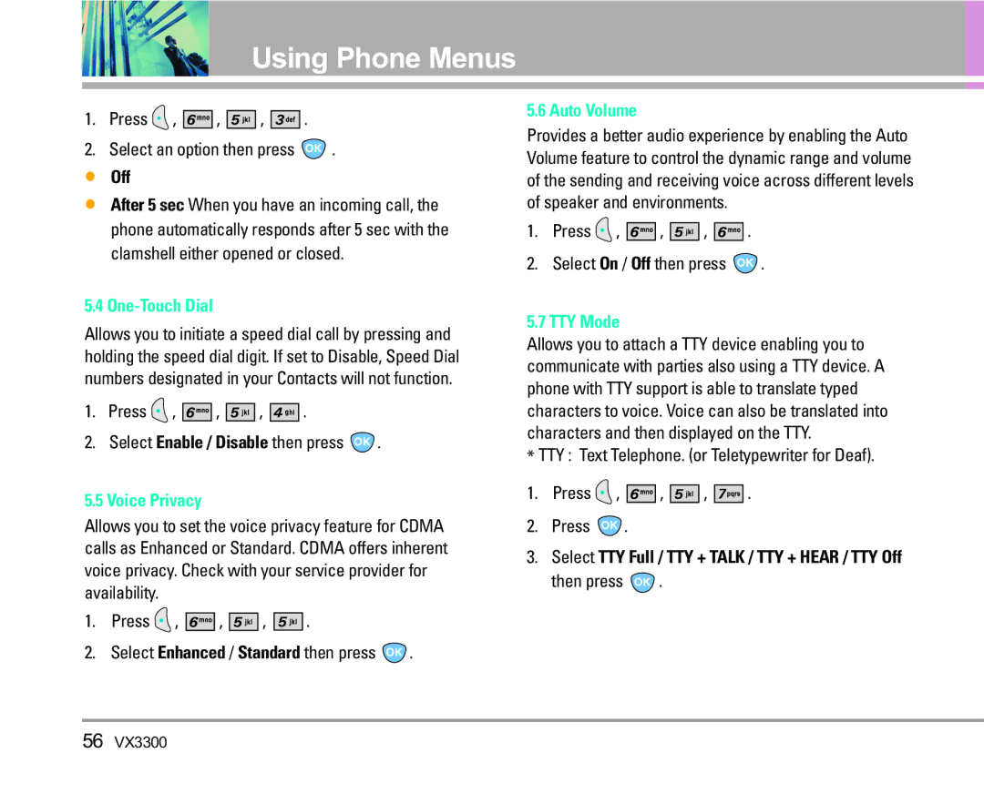 LG Electronics VX3300 manual Off, One-Touch Dial, Voice Privacy, Auto Volume, TTY Mode 